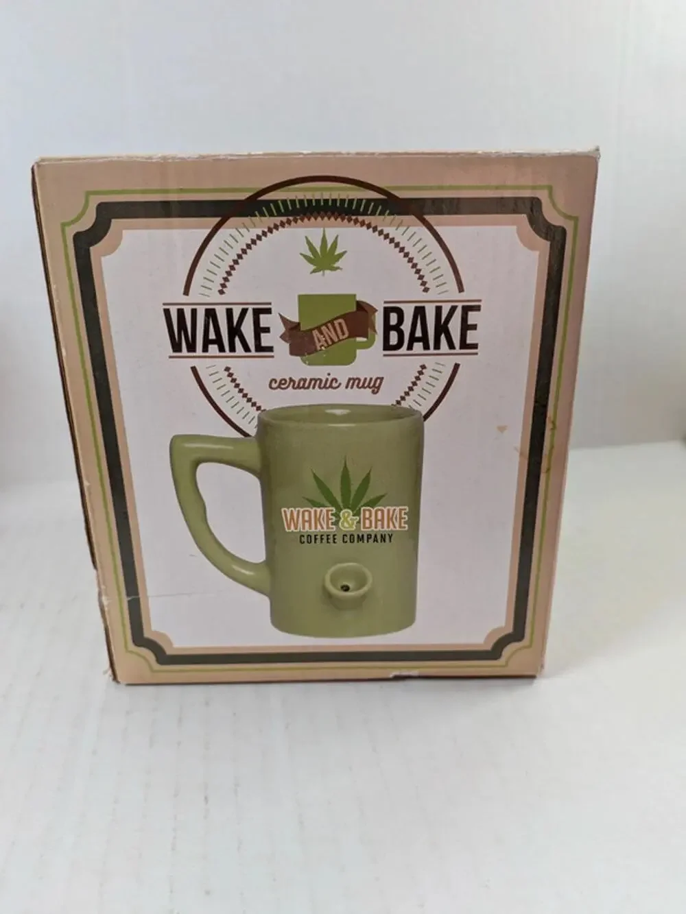 Wake & Bake Coffee Co Mug Pipe Green Ceramic 10oz Coffee Cup NEW Box